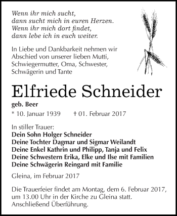 Traueranzeige von Elfriede Schneider von Super Sonntag Zeitz