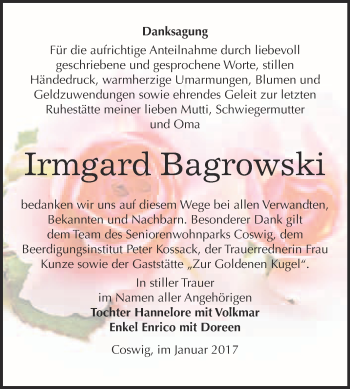 Traueranzeige von Irmgard Bagrowski von Super Sonntag Wittenberg