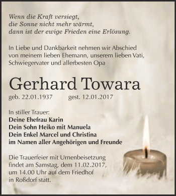 Traueranzeige von Gerhard Towara von WVG - Wochenspiegel Bitterfeld