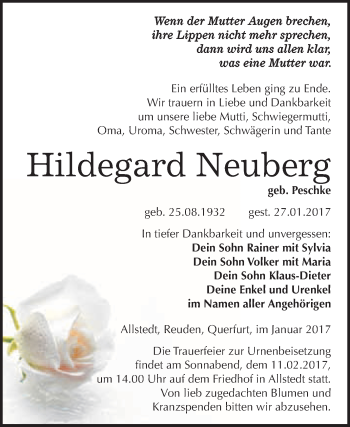 Traueranzeige von Hildegard Neuberg von Super Sonntag Halle