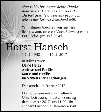 Traueranzeige von Horst Hansch von Super Sonntag Quedlinburg
