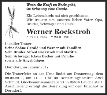 Traueranzeige von Werner Rockstroh von WVG - Wochenspiegel NMB / WSF / ZTZ