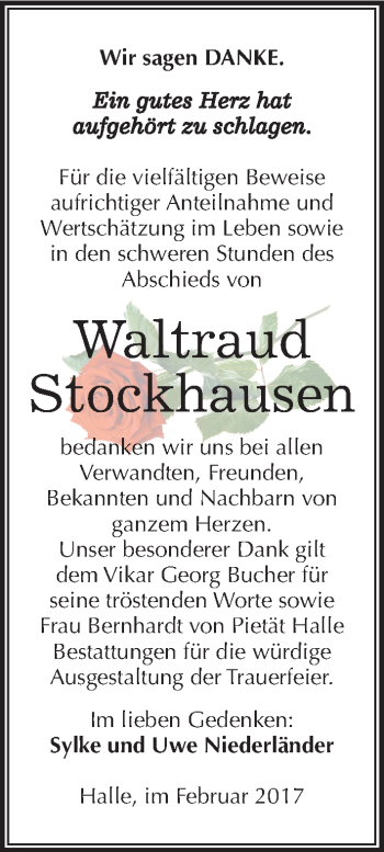 Traueranzeige von Waltraud Stockhausen von Mitteldeutsche Zeitung Halle/Saalkreis