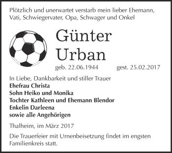 Traueranzeige von Günter Urban von WVG - Wochenspiegel Bitterfeld
