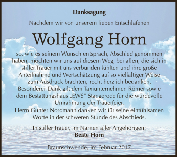 Traueranzeige von Wolfgang Horn von Super Sonntag SGH Mansf. Land