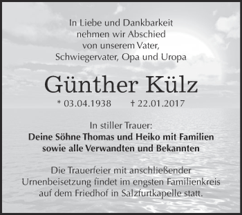 Traueranzeige von Günther Külz von WVG - Wochenspiegel Bitterfeld
