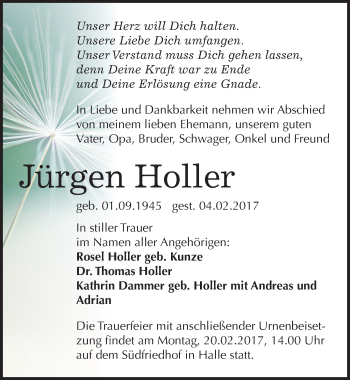Traueranzeige von Jürgen Holler von Mitteldeutsche Zeitung Halle/Saalkreis