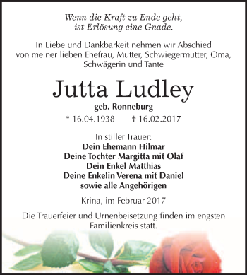 Traueranzeige von Jutta Ludley von WVG - Wochenspiegel Bitterfeld
