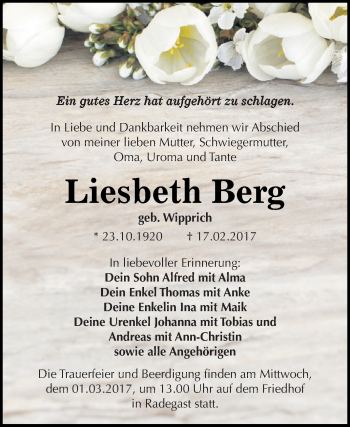 Traueranzeige von Liesbeth Berg von WVG - Wochenspiegel Dessau / Köthen