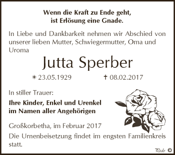 Traueranzeige von Jutta Sperber von WVG - Wochenspiegel NMB / WSF / ZTZ