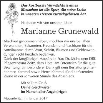 Traueranzeige von Marianne Grunewald von Super Sonntag Zeitz
