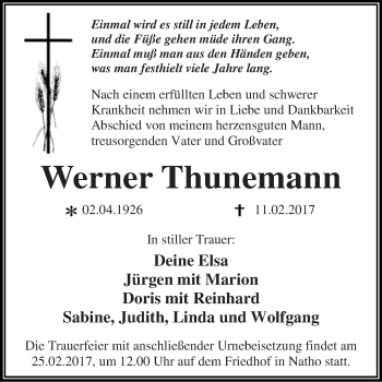 Traueranzeige von Werner Thunemann von WVG - Wochenspiegel Dessau / Köthen