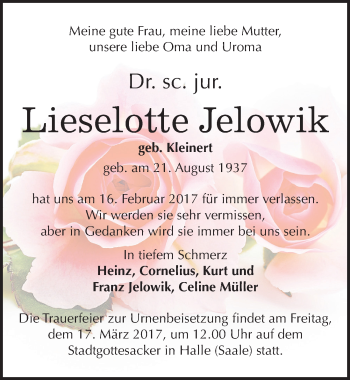 Traueranzeige von Lieselotte Jelowik von Mitteldeutsche Zeitung Halle/Saalkreis
