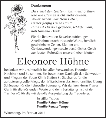 Traueranzeige von Eleonore Höhne von Super Sonntag Wittenberg