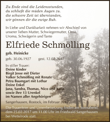 Traueranzeige von Elfriede Schmölling von Super Sonntag SGH Mansf. Land