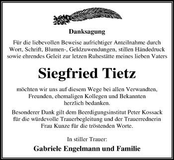 Traueranzeige von Siegfried Tietz von Mitteldeutsche Zeitung Dessau-Roßlau