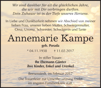Traueranzeige von Annemarie Kampe von Mitteldeutsche Zeitung Halle/Saalkreis