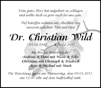 Traueranzeige von Christian Wild von Mitteldeutsche Zeitung Halle/Saalkreis