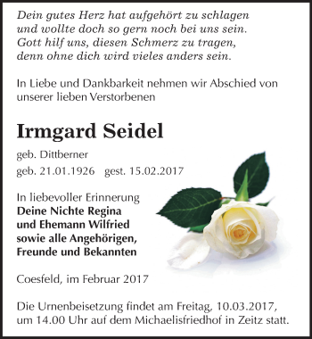 Traueranzeige von Irmgard Seidel von Mitteldeutsche Zeitung Zeitz