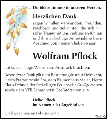 Traueranzeige von Wolfram Pflock von WVG - Wochenspiegel NMB / WSF / ZTZ