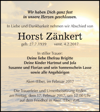 Traueranzeige von Horst Zänkert von WVG - Wochenspiegel Dessau / Köthen
