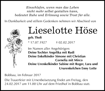 Traueranzeige von Lieselotte Höse von Mitteldeutsche Zeitung Bitterfeld