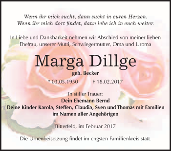 Traueranzeige von Marga Dillge von WVG - Wochenspiegel Bitterfeld