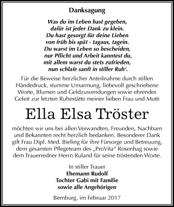 Traueranzeige von Ella Elsa Tröster von Mitteldeutsche Zeitung Bernburg