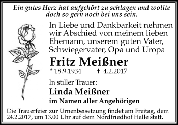 Traueranzeige von Fritz Meißner von Mitteldeutsche Zeitung Halle/Saalkreis