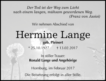 Traueranzeige von Hermine Lange von Mitteldeutsche Zeitung Mansfelder Land