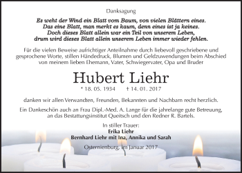 Traueranzeige von Hubert Liehr von Mitteldeutsche Zeitung Köthen