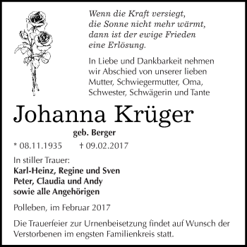 Traueranzeige von Johanna Krüger von Super Sonntag SGH Mansf. Land