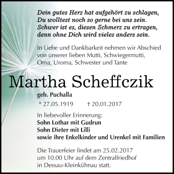 Traueranzeige von Martha Scheffczik von WVG - Wochenspiegel Dessau / Köthen