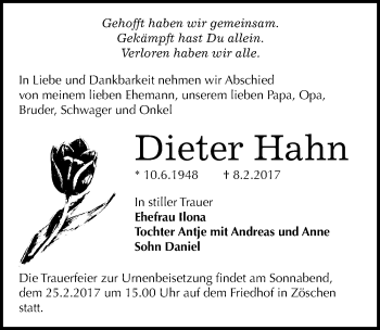 Traueranzeige von Dieter Hahn von Mitteldeutsche Zeitung Merseburg/Querfurt