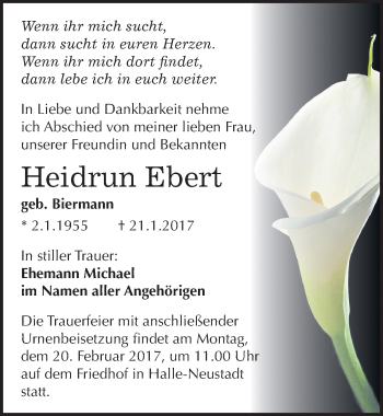 Traueranzeige von Heidrun Ebert von Mitteldeutsche Zeitung Halle/Saalkreis