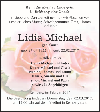 Traueranzeige von Lidia Michael von Super Sonntag Wittenberg