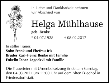 Traueranzeige von Helga Mühlhause von Mitteldeutsche Zeitung Bitterfeld