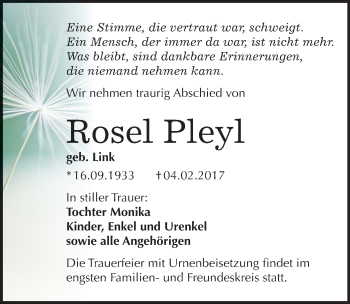 Traueranzeige von Rosel Pleyl von Mitteldeutsche Zeitung Bitterfeld