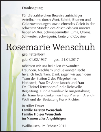 Traueranzeige von Rosemarie Wenschuh von Mitteldeutsche Zeitung Sangerhausen