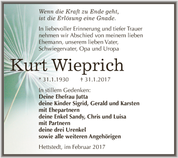 Traueranzeige von Kurt Wieprich von Super Sonntag SGH Mansf. Land