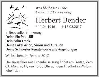 Traueranzeige von Herbert Bender von Super Sonntag SGH Mansf. Land