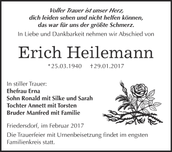 Traueranzeige von Erich Heilemann von WVG - Wochenspiegel Bitterfeld