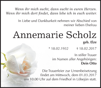 Traueranzeige von Annemarie Scholz von Mitteldeutsche Zeitung Halle/Saalkreis