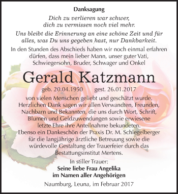 Traueranzeige von Gerald Katzmann von Mitteldeutsche Zeitung Naumburg/Nebra