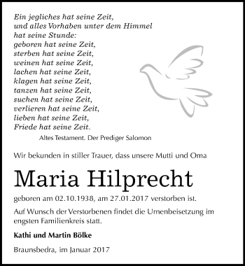 Traueranzeige von Maria Hilprecht von Mitteldeutsche Zeitung Merseburg/Querfurt
