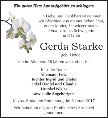 Traueranzeige von Gerda Starke von Mitteldeutsche Zeitung Zeitz