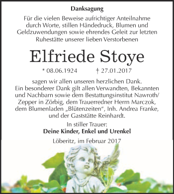 Traueranzeige von Elfriede Stoye von WVG - Wochenspiegel Bitterfeld