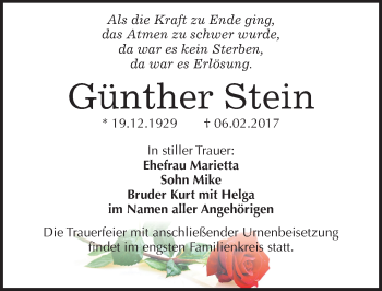 Traueranzeige von Günther Stein von Mitteldeutsche Zeitung Halle/Saalkreis
