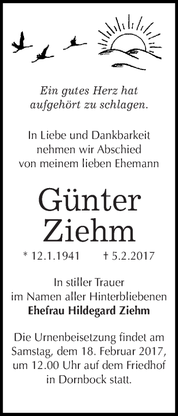 Traueranzeige von Günter Ziehm von WVG - Wochenspiegel Dessau / Köthen