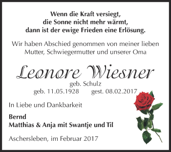 Traueranzeige von Leonore Wiesner von Super Sonntag SGH Mansf. Land
